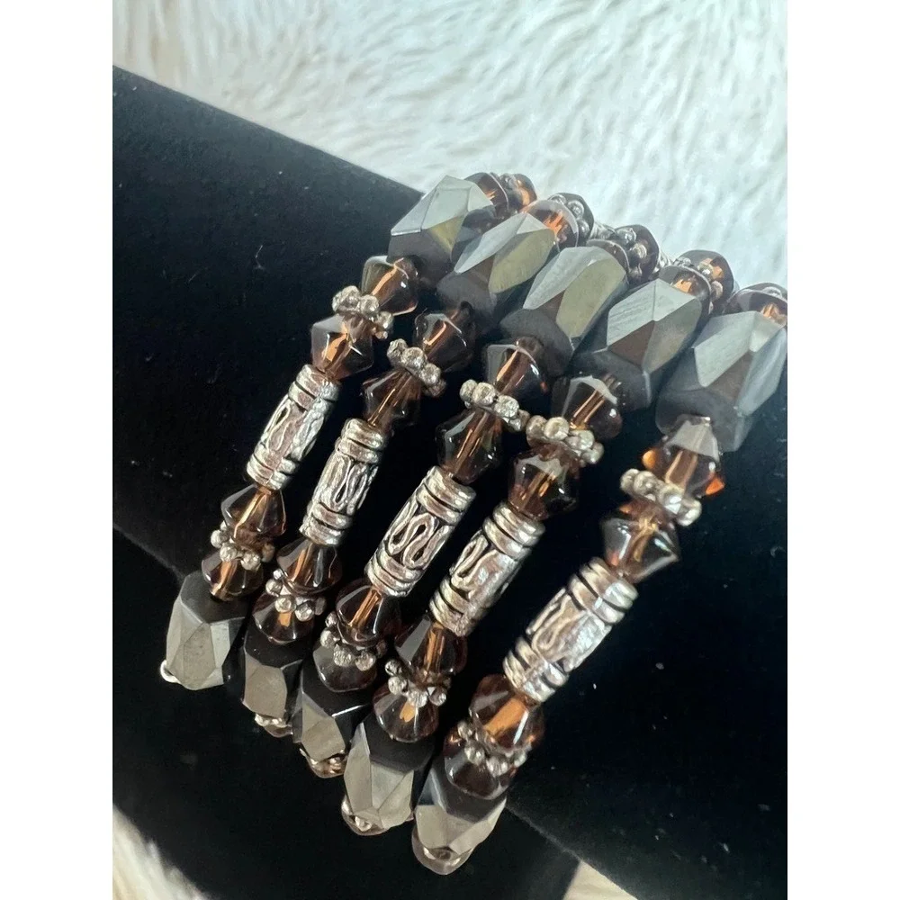 Magnetic Wrap Bracelet Brown Glass Beaded Multi Strand‎ Bronze Black Earthy